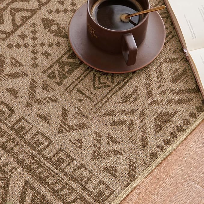 jinchan 3x5 Faux Jute Area Rug Washable Boho Entryway Rug, Natural Taupe | Southwestern Geometric, Non-Slip, Low Pile, Indoor Outdoor, Kitchen, Bathroom, Laundry Room, Porch, Balcony, Bedroom, Patio