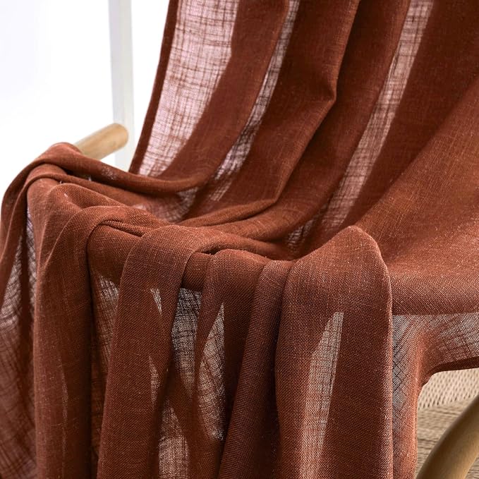 MIULEE Burnt Orange Fall Linen Curtains 52x45 Inch 2 Panels for Bedroom | Short,Soft Thick Linen Textured Basement Bathroom Kitchen Window Drapes, Semi Sheer Light Filtering, Back Tab, Fall Decor