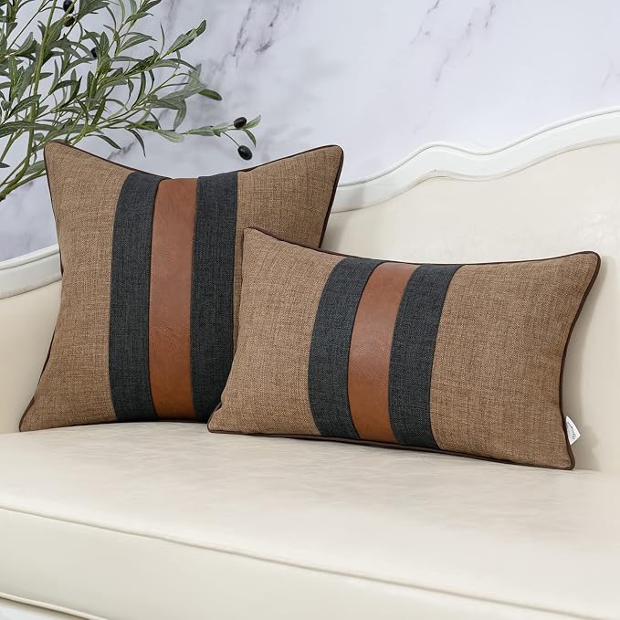 Yangest Patchwork Pillow Cover 20x20 Inch Luxury Cotton and Linen Cushion Cover Faux Leather Pillowcover for Couch Bedroom Living Room, Brown