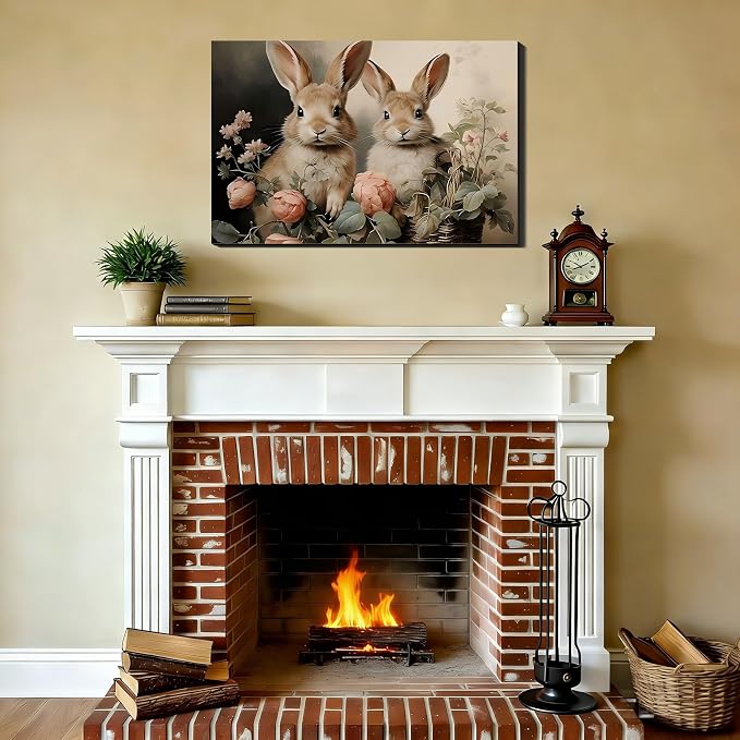 RIBNTAK Large Vintage Bunny Canvas Wall Art 20x30, Framed Cozy Spring Prints Pictures, Easter Rabbit Canvas Artwork for Bedroom, Living Room, Office, Cute Farmhouse Home Wall Decor