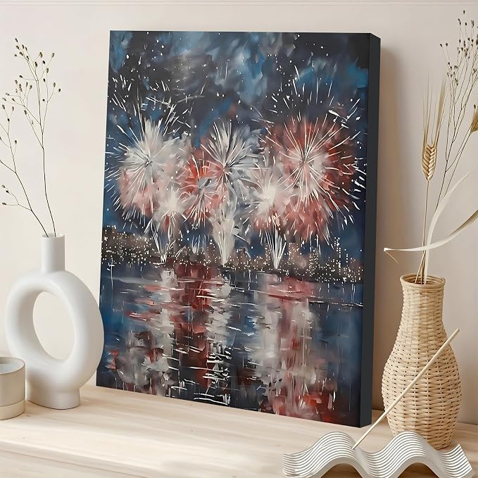 Framed 4th of July Fireworks Cityscape Wall Art, Patriotic Abstract Canvas Art Pictures, USA Independence Day Wall Decor, Made in USA Ready to Hang for Living Room Bar