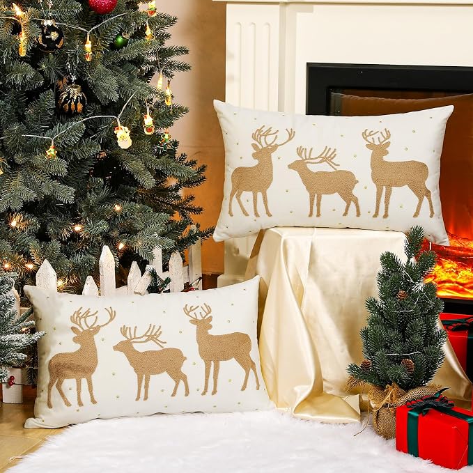 Lewondr Christmas Soft Velvet Throw Pillow Cover, Beige, 2 Pack, 12"x20" | Deers Embroidery, Decorative Throw Pillow Case, 30x50cm, Soft Velvet, Embroidery Cushion Cover, For Bed Sofa Chair Home