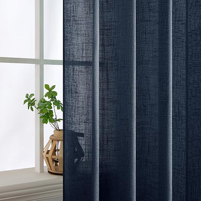 MIULEE Navy Blue Linen Curtains 52x90 Inch 2 Panels for Bedroom Living Room | Length, Soft Thick Linen Textured Natural Window Drapes, Semi Sheer Light Filtering, Back Tab Rod Pocket, Burlap Look Decor