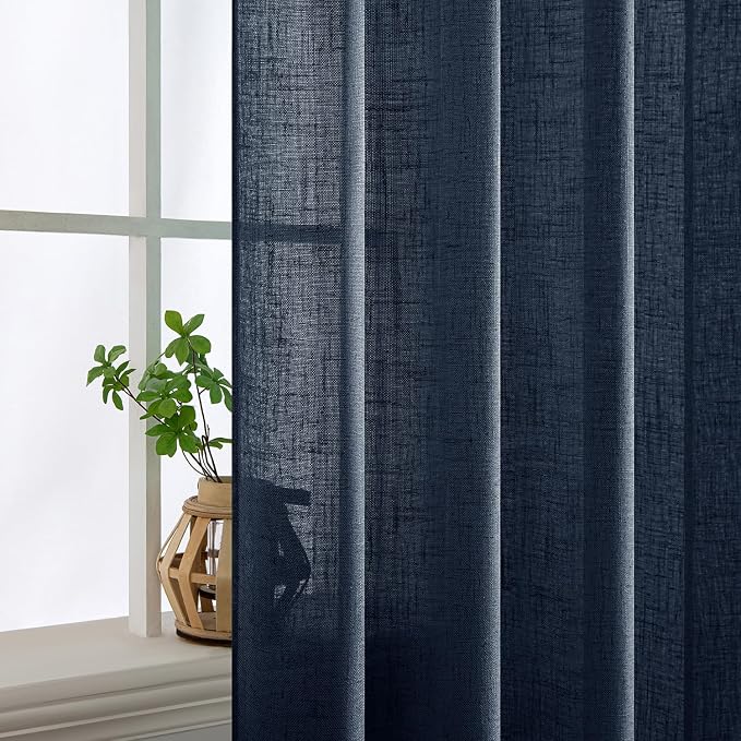 MIULEE Navy Blue Linen Curtains 52x108 Inch Length 2 Panels for Bedroom | Living Room, Soft Thick Linen Textured Natural Window Drapes, Semi Sheer Light Filtering, Back Tab Rod Pocket, Burlap Look