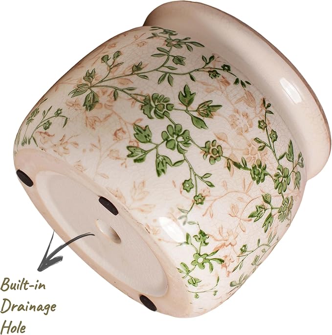 Vintage Country Ceramic Vase and Planters, English Cottage Garden Decor | 6.29" Small Plant Pots Indoor with Drainage, Sage Beige Floral Vases, Windowsill Windowsill Shelf Tabletop Decorations