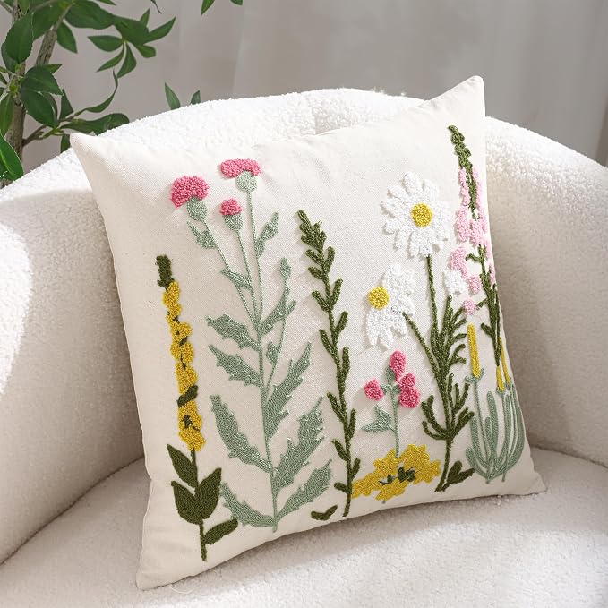 Embroidered Throw Pillow Covers 18x18 Pack of 2 Floral Decorative Pillow Covers Daisy Flowers Tufted Pillowcases Farmhouse Pillow Cushion Cases Square Pillow Case Summer Home Decor