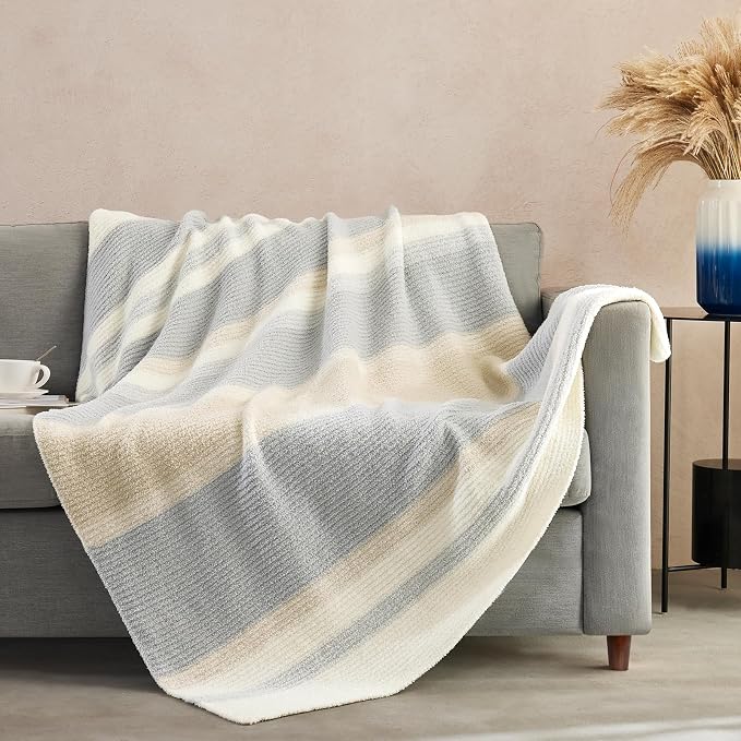 Soft Striped Throw Blanket for Couch, Cozy Warm Knitted Blankets | Lightweight Fuzzy Travel Warm Decor for Women, Mom, Girls, Sofa, Chair, 50x60in, Grey Khaki