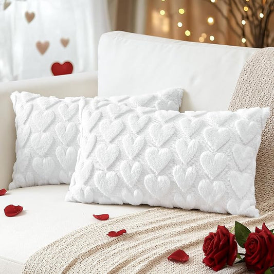 Artscope Valentines Pillow Covers 12x20 Set of 2 Decorative Love Heart Valentines Day Throw Pillow Cases Soft Plush Faux Fur Couch Cushion Case for Holiday Sofa Bed Room Home Decor-White Heart