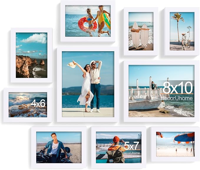 decorUhome 10 Pack Assorted Picture Frame Set for Wall & Tabletop, P0710WT | White, Multi Size Picture Frame Includes Two 8x10 / Four 5x7 / Four 4x6 for Family Gallery Wall