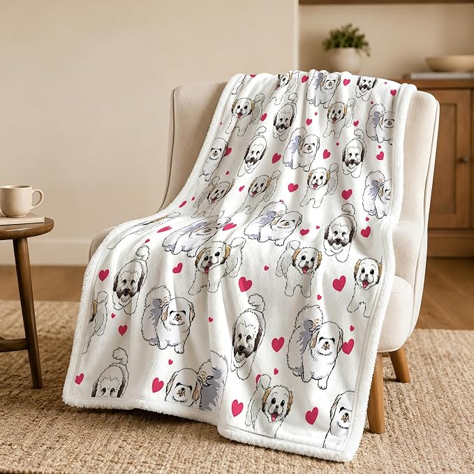 BlessLiving Throw Blanket, White Dog Animal Snowball, 50x60 Inches | sherpa fleece fabric, Shih Tzu Dense Pet Blankets Puppy print, for couch or sofa, pet lovers, easy machine care