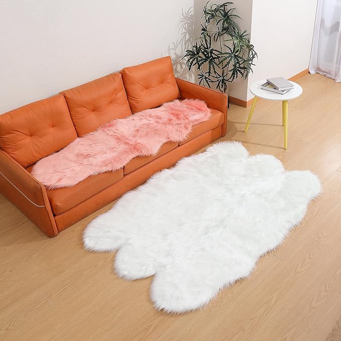 linmopm Faux Fur Sheepskin Rug, White, 4x6 ft | Shag Fluffy Fuzzy, High-Density Cushion, For Bedroom Bedside Living Room, Plush Carpet, Sofa Cover