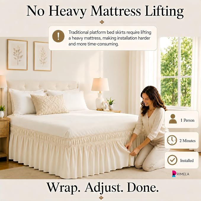 Wrap Around Bed Skirt Queen 15" Drop, Light Beige, Elastic Stay-Put Fit | Ruffled, Dual elastic bands & adhesive strips hold securely, hide storage, no lifting; machine wash, tumble dry, iron