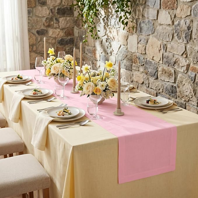 Solino Home 100% Pure Linen Table Runner Pink Lemonade, Fete 14 x 90 in | dresses up dining tables for everyday meals, European flax fibres, durable everyday quality, soft, fine, OEKO-TEX Certified
