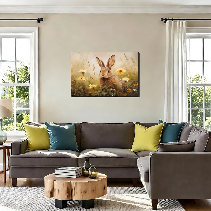 Field Floral Easter Bunny Framed Canvas Wall Art, Easter Themed Landscape Painting Print for Enterway, Fireplace,Rabbit Canvas Art & Holiday Office Home Decor, Ready to Hang