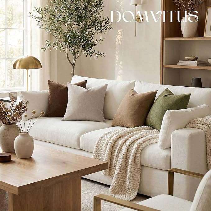 DOMVITUS Throw Pillow Covers 20x20 Pack of 2, Decorative Soft Soild Textured Accent Cushion Case, Neutral Boho Farmhouse Linen Pillow Covers for Couch Sofa Bedroom Living Room Home Decor, Khaki