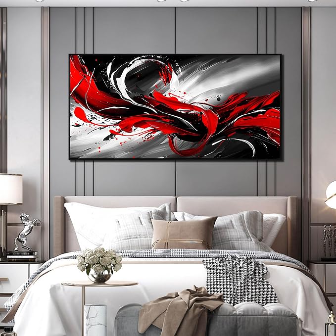 Black White and Red Abstract Print Picture Painting Large Canvas Wall Art for Living Room Bedroom With Black Wood Framed Canvas Wall Decor Modern Room Abstract Wall Decorations Artwork Size 30x60 Ready to Hang