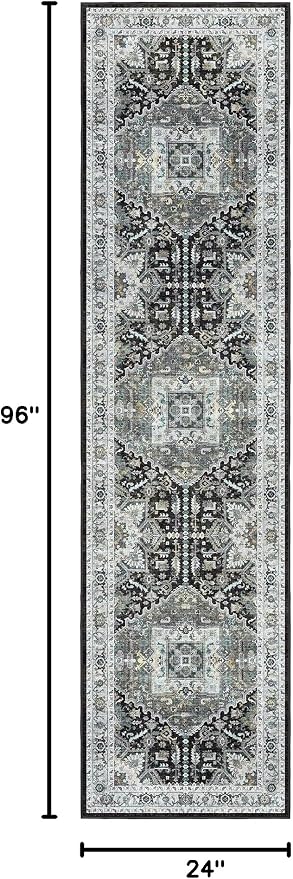Madane Hallway Runner Rug 2x8 Washable Kitchen Rugs, Grey Green/Black Olive | Vintage Machine Washable Low-Pile Floor Carpet 8ft, Soft Non Slip Throw Entry Foyer Mat for Entrance Laundry Living Room