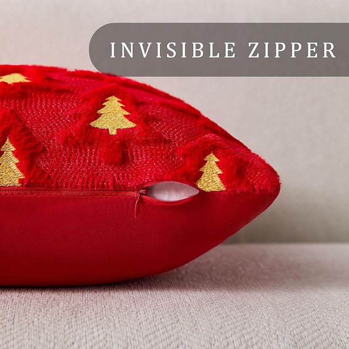Allorry Christmas Pillow Covers 18x18 Set of 2 Red Double Xmas Tree Pillow Covers Soft Plush Faux Fur Christmas Decorations for Xmas Winter Holiday Home Bedroom Sofa Cushion Cases PT-008B18