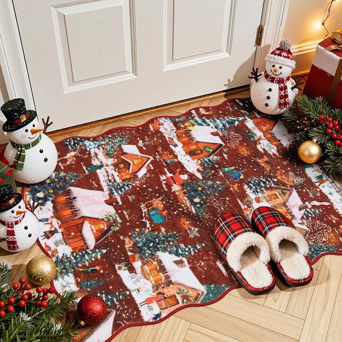 Wonnitar Christmas 2x3 Entryway Rug, Non Slip Washable Small Kitchen Rugs, Soft Christmas Winter Reindeer Door Mat Indoor Entrance, Scalloped Area Rug for Bathroom Bedside Holiday Decor (Red,2'x3')