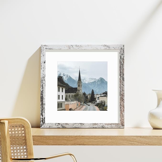 Vittanly 12x12 Picture Frames Set of 9 for Wall Mounting, Distressed White | Display Pictures 8x8 with Mat or 12x12 without Mat for Wall Mounting, Square Photo Frames for Home Decor, Engineered Wood