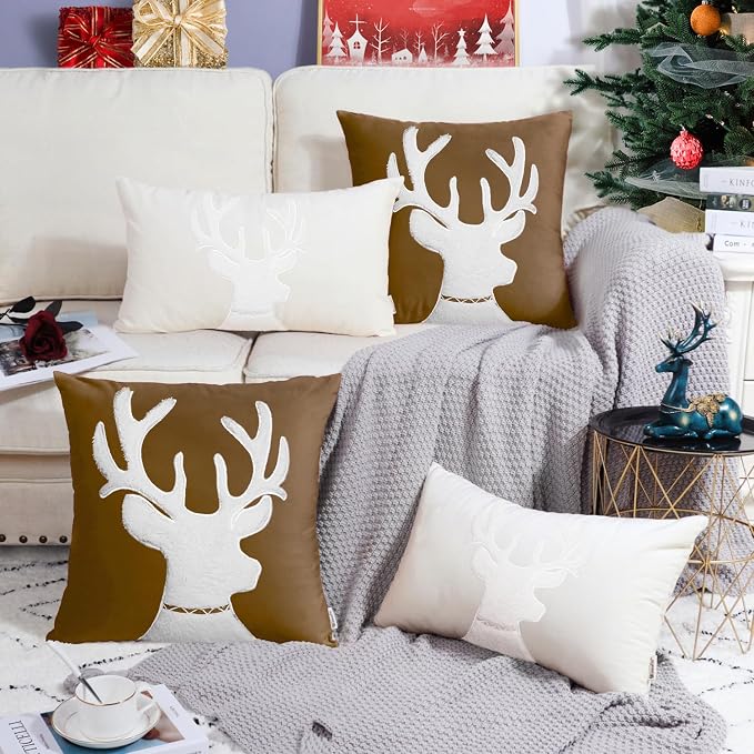 BRAWARM Christmas Pillow Cover 18 X 18 Inches, Brown Reindeer Embroidered Pillow Cover, Soft Velvet Decorative Throw Pillow for Couch Bed Sofa Living Room Home