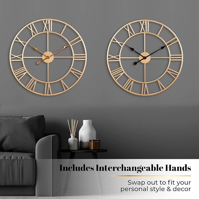 CLXEAST Silent 24 Inch Wall Clock for Living Room Decor,Gold Roman Numeral | Non Ticking,Thicker Champagne Gold Metal Wall Clock for Dinning Room,Entryway,Home Office & Fireplace Decor
