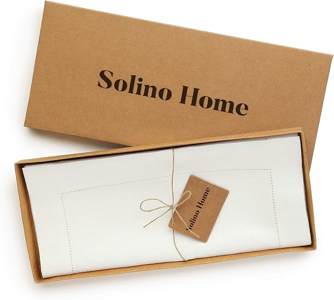 Solino Home 100% Linen Table Runner Ivory, Classic Hemstitch 14 x 132 in | dresses up dining tables for everyday meals, hemstitched border, mitered corners, machine washable, soft, OEKO-TEX Certified