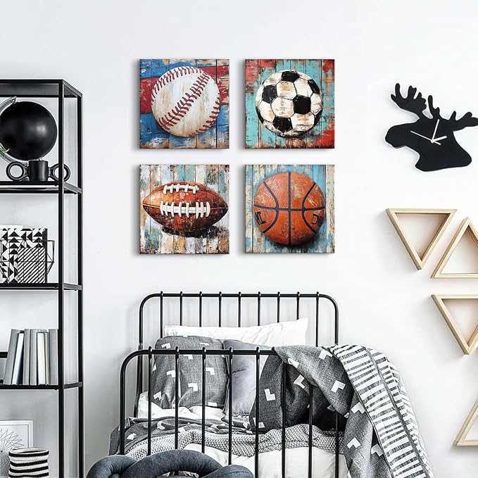 Sports Wall Decor Kids Playroom Art Soccer Basketball Football Baseball Pictures for Nursery Boys Bedroom Vintage Canvas Prints Colorful Sports Posters Balls Artwork Bathroom Home Decoration 12x12" 4P
