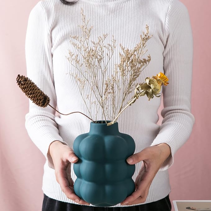Mowtanco Blue Ceramic Vase, Modern Small Vase for Centerpiece 6.7" Tall | Boho tabletop decor accent vase for dried flowers, centerpiece for living room bedroom shelf, minimalist home decor gift