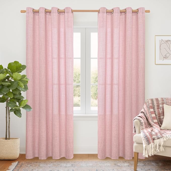 YoungsTex Light Pink Linen Curtains 84 Inch Length for Living Room Window, Light Filtering Drapes with Bronze Grommet Privacy for Bedroom Decorative, 52 x 84 Inch, 2 Panels