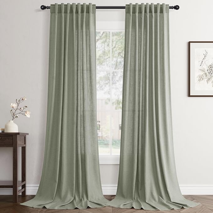 Jowels Sage Green Linen Curtains 105 Inch Long 2 Panels for Living Room | Light Filtering Semi Sheer Curtain, Back Tab Pocket Pleated Look, Boho Farmhouse Textured Privacy Drapes for Bedroom Window