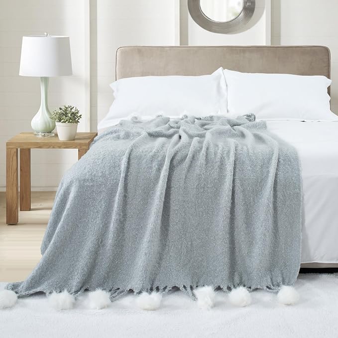 Grey Pom Pom Throw Blanket for Couch, 50"X60" Soft Lightweight Knitted Farmhouse Decorative Blankets for Bed and Sofa