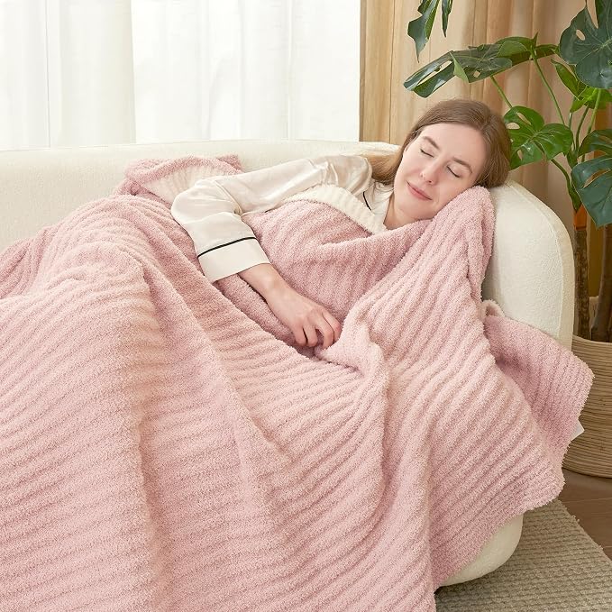 Snuggle Sac Fluffy Ribbed Pink Blanket Twin Size, Soft Luxurious Knit Throw, Fuzzy Plush Microfiber Blankets for Couch, Sofa, Bed, Pink, 60x80 inches