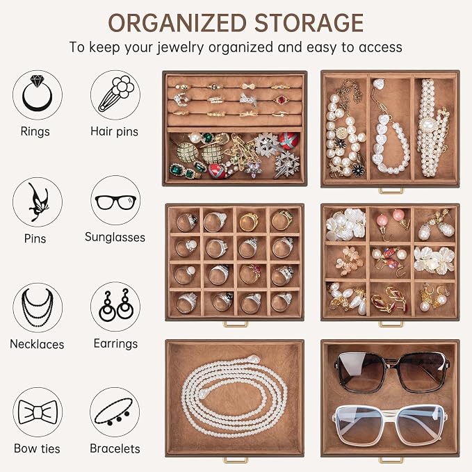 AKOZLIN 6-Tier Jewelry Box Organizer Functional 5 Drawers Leather Jewelry Storage Case for Women Girls Ring Necklace Earring Bracelet Holder Organizer with Mirror Medium Brown