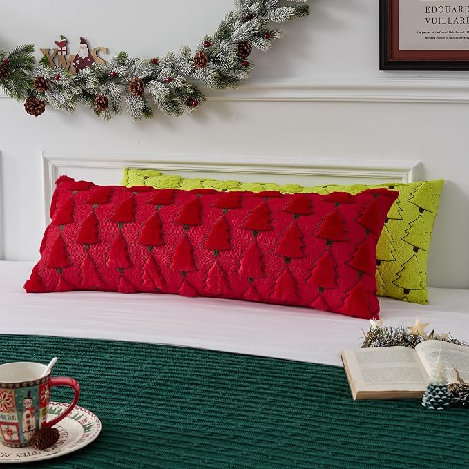 UGASA Christmas Tree 14x36 Inch Long Lumbar 1 Pack Soft Plush Faux Fur Luxury Embroidery Rectangle Cushion Case for Couch Sofa Holiday Festivals Winter Xmas Gift, Red & Green