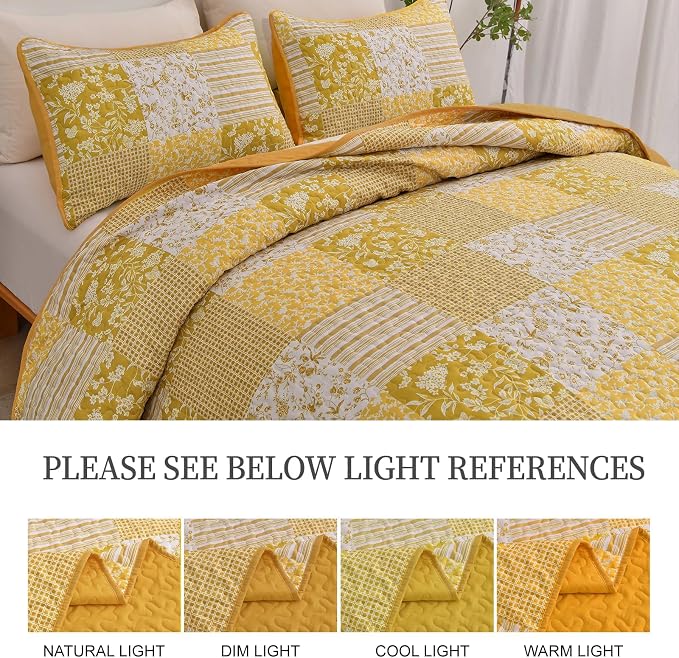 Mybedsoul Yellow Boho Quilt Set Full Size, Patchwork Quilt Bedding Set | 3 Pieces Plaid Floral Bedspread Coverlet Set for All Seasons, Soft Lightweight Patchwork Reversible Bedding Set 78"×90"