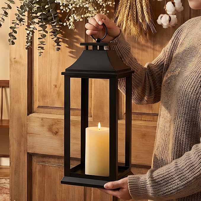 Modern Farmhouse Black Lantern Candle Holder – 18” Hanging Decorative Lantern for Indoor & Outdoor Home Décor – Ideal for Parties, Weddings, Porches, and Events (No Glass Panel), Size Medium