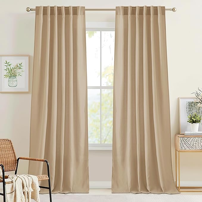 RYB HOME Farmhouse Boho Linen Sheer Curtains 90 inches Long for Living Room | Flax Linen Blend, Light Filtering, Semi Sheer, Wrinkle Resistance, Back Tab, Dorm Dining Room, W52 x L90, 2 Panels, Camel