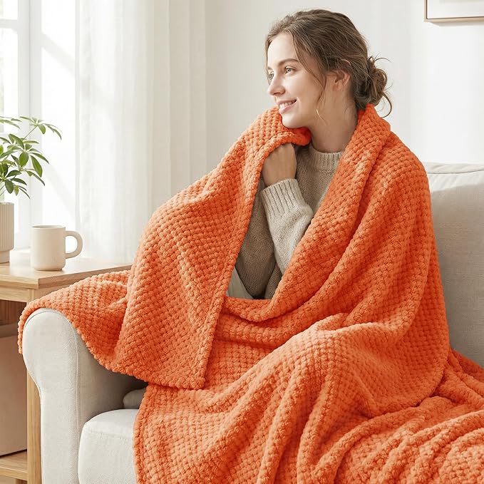 Exclusivo Mezcla Soft Waffle Fleece Bed Blanket Twin Size, Burnt Orange | Lightweight Plush Blanket for Bed, Couch, Sofa, Cozy Fluffy Design for Bedroom, Guest Room, All Season, 60x80 Inches