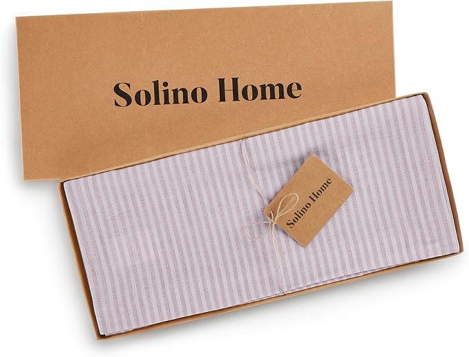 Solino Home 100% Pure Linen Table Runner, 14 x 48 in, Pink and White Stripe | Narrow Stripe, dresses up dining tables for everyday meals, European flax fibres, machine washable, soft, OEKO-TEX Certified