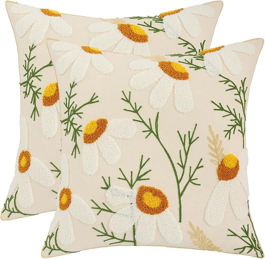 LUOYEHK White Daisy Pillow Covers 18x18 Inch Pack of 2 Embroidered Throw Pillow Covers Decorative Pillow Cases Spring Farmhouse Floral Tufted Cushion Covers for Couch Sofa Bed Living Room