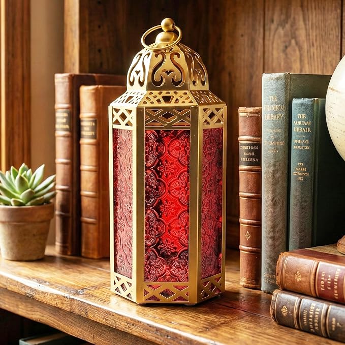 Vela Lanterns Decorative Indoor Moroccan Candle Holder, Gold Red, M | Ramadan Decorations for Home, Red Candle Lantern, Eid Table Centerpiece, Hanging Tealight Votive Pillar Holder, 10.5in