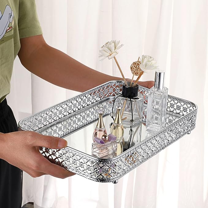 ELLDOO Silver Mirror Glass Perfume & Makeup Vanity Tray, Medium Size