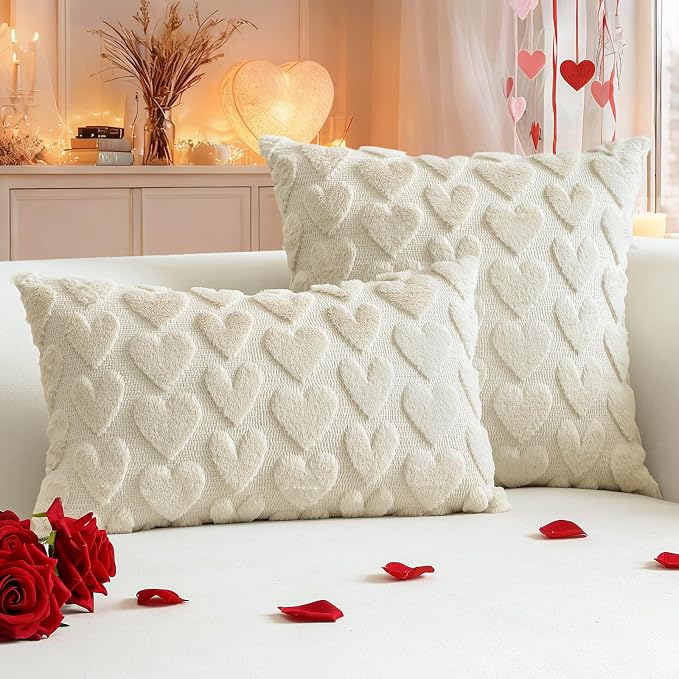 Artscope Valentines Pillow Covers 12x20 Set of 2 Decorative Love Heart Valentines Day Throw Pillow Cases Soft Plush Faux Fur Couch Cushion Case for Holiday Sofa Bed Room Home Decor-Beige Heart