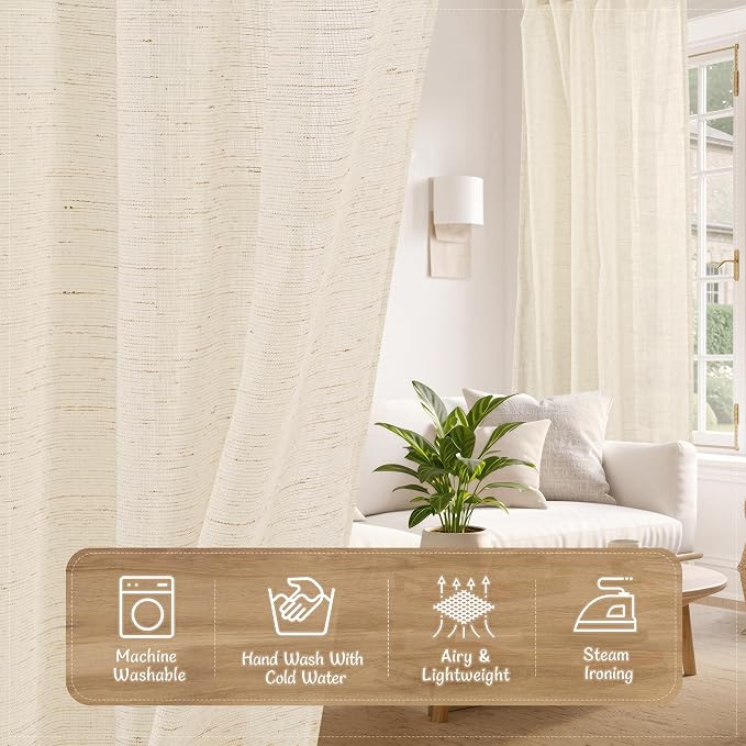 Light Filtering Linen Curtains 84 inches Long for Bedroom, Linen | Semi Sheer Panels, Living Room Curtains, Back Tab Rod Pocket, Burlap, Drapes for Farmhouse, 2 Panels, 52 x 84 Inch