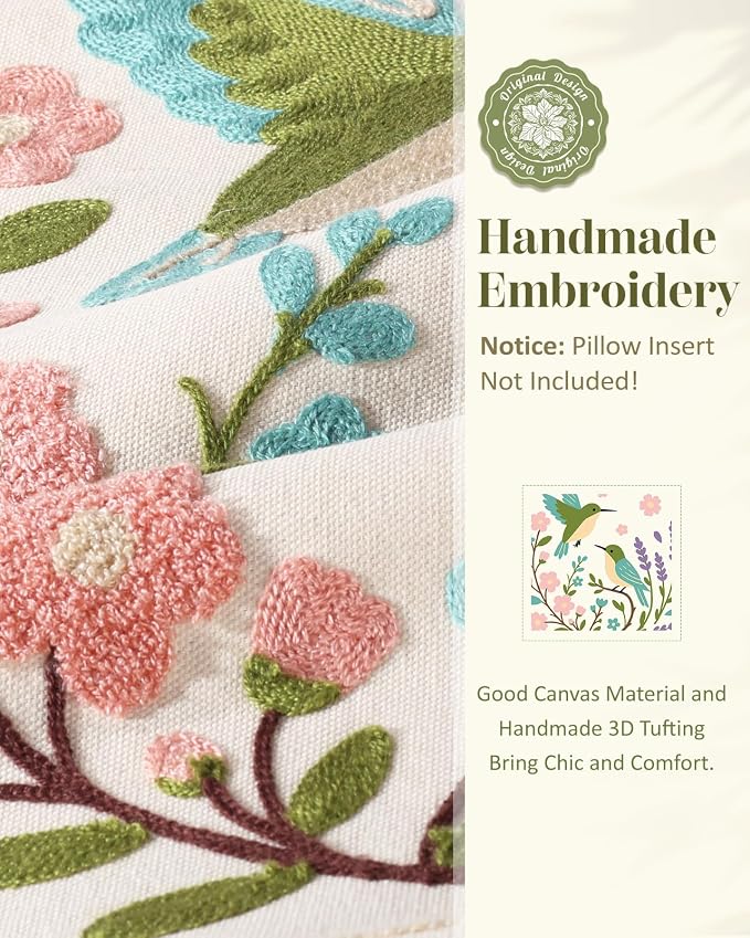 Spring Pillow Cover 18x18 Inch – Embroidered Summer Throw Pillow Cover Flowers Birds Farmhouse Decorative Cushion Case with Hidden Zipper Decoration for Couch, Sofa, Living Room(1 Pack)