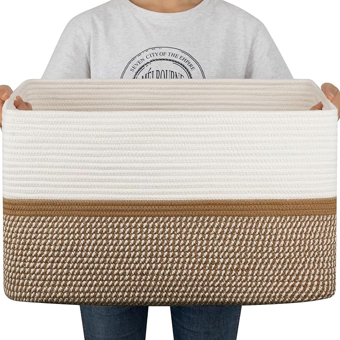 OIAHOMY Blanket Basket Laundry Basket Dog Toy Basket 75L Yellow/White | Large Storage Basket,Baby Basket,Toy Storage,Woven Rope Basket for Blankets,Blanket Storage for Living Room