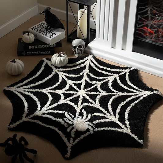 Ashler Halloween Spider Web Rug, Spiderweb Bath Mat for Halloween Decor, Gothic Bathroom Rug, Spiderweb Area Rug Non-Slip Tufted Mats for Front Door, Living Room, Bedroom, Front Door, 35.5×35.5inches