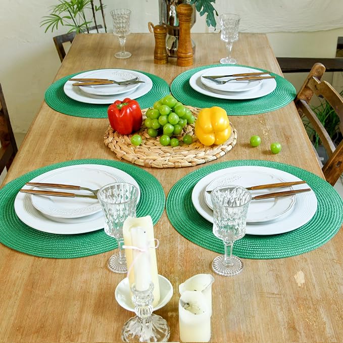 FunWheat Round Braided Placemats Set of 6 Table Mats for Dining Tables Woven Washable Non-Slip Place mats 15 inch(Holly Green, 6pcs)