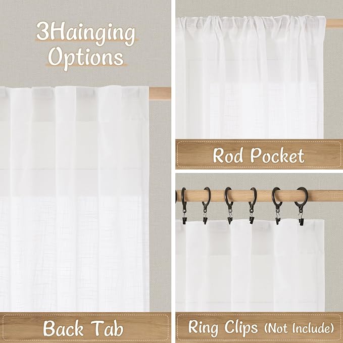 White Linen Sheer Curtains 96 Inches Long 2 Panels Set, 52 x 96 Inch | Light Filtering, Floor to Ceiling, Curtains for Living Room, Bedroom, Sliding Glass Door, Long, Back Tab Rod Pocket Panels